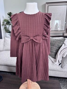 BRAND NEW Girls' 4T Brown Ruffle Bow Cable-Knit Dress